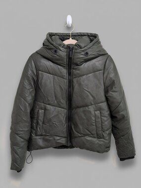 Andrew Marc New York Faux Leather Hooded Puffer Jacket Olive Green